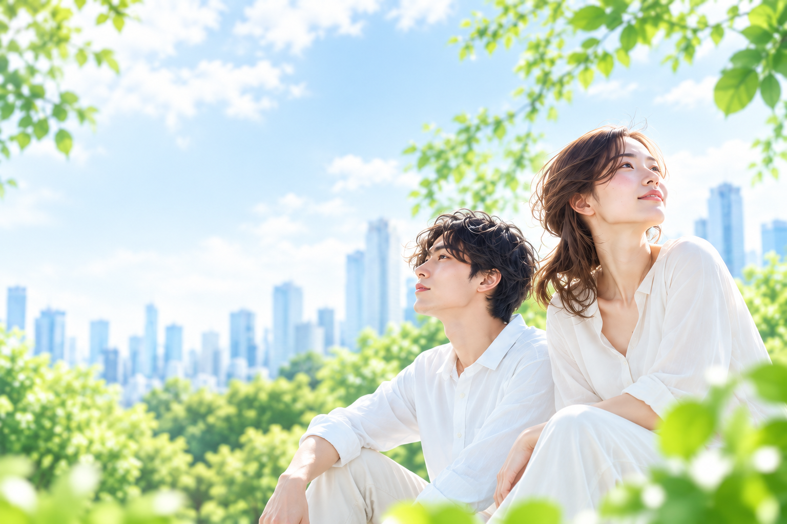 明るい都市と緑の中で前を向く二人